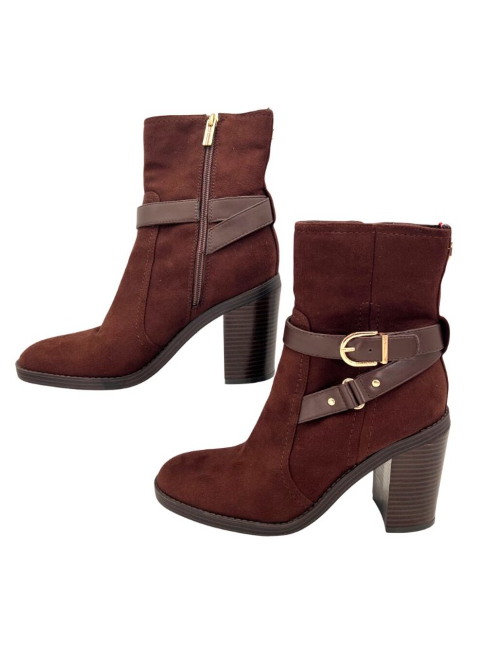 Tommy Hilfiger Brown Suede Ankle Boots Womens Size 8.5M Gold Buckles Block Heel - Picture 3 of 16